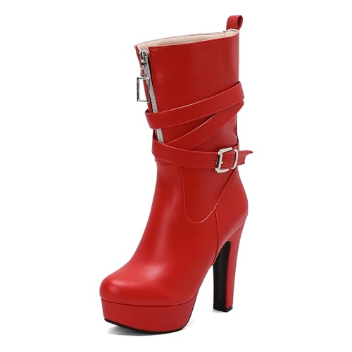 Diuniarza Mid Stiefel Damen Runde Zehen Höhe Ferse Stiefel Plateau Elegant Hohe Stiefel Winter Mode Kleid Stiefeletten Rot Gr 46 EU/48 von Diuniarza