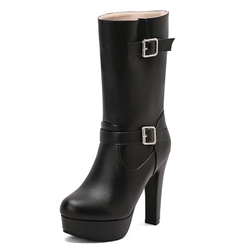 Diuniarza Mid Stiefel Damen Runde Zehen Höhe Ferse Stiefel Plateau Elegant Hohe Stiefel Winter Mode Kleid Stiefeletten Schwarz Gr 35 EU von Diuniarza