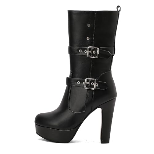 Diuniarza Mid Stiefel Damen Runde Zehen Höhe Ferse Stiefel Plateau Elegant Hohe Stiefel Winter Mode Kleid Stiefeletten Schwarz Gr 36.5 EU/37 von Diuniarza