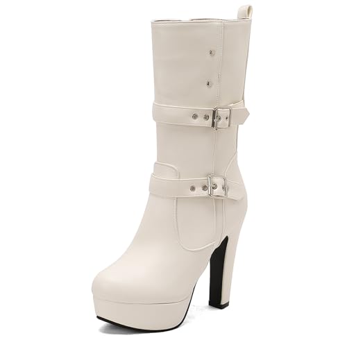 Diuniarza Mid Stiefel Damen Runde Zehen Höhe Ferse Stiefel Plateau Elegant Hohe Stiefel Winter Mode Kleid Stiefeletten Weiß Gr 45 EU/47 von Diuniarza