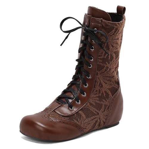 Diuniarza Mid Stiefel Damen Schnüren Stiefeletten Retro Runde Zehen Keilabsatz Reitstiefel Weit Fit Stiefel Braun Gr 36.5 EU/37 von Diuniarza