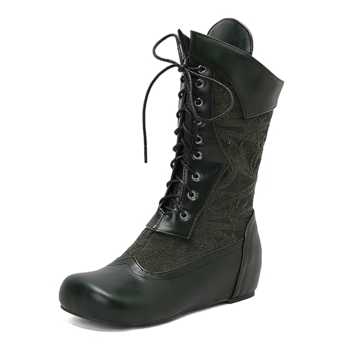 Diuniarza Mid Stiefel Damen Schnüren Stiefeletten Retro Runde Zehen Keilabsatz Reitstiefel Weit Fit Stiefel Grün Gr 45 EU/47 von Diuniarza