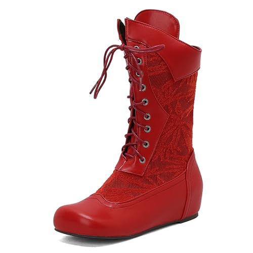Diuniarza Mid Stiefel Damen Schnüren Stiefeletten Retro Runde Zehen Keilabsatz Reitstiefel Weit Fit Stiefel Rot Gr 45 EU/47 von Diuniarza