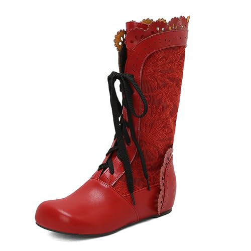 Diuniarza Mid Stiefel Damen Schnüren Stiefeletten Retro Runde Zehen Keilabsatz Reitstiefel Weit Fit Stiefel Rot Gr 45 EU/47 von Diuniarza