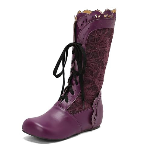 Diuniarza Mid Stiefel Damen Schnüren Stiefeletten Retro Runde Zehen Keilabsatz Reitstiefel Weit Fit Stiefel Violett Gr 34 EU von Diuniarza