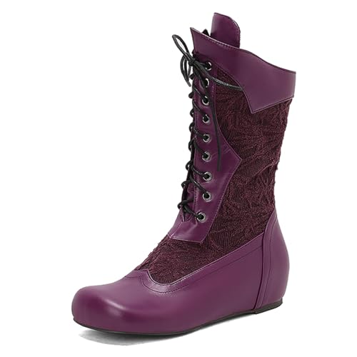 Diuniarza Mid Stiefel Damen Schnüren Stiefeletten Retro Runde Zehen Keilabsatz Reitstiefel Weit Fit Stiefel Violett Gr 40 EU/41 von Diuniarza