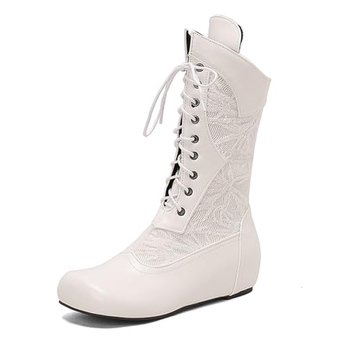 Diuniarza Mid Stiefel Damen Schnüren Stiefeletten Retro Runde Zehen Keilabsatz Reitstiefel Weit Fit Stiefel Weiß Gr 40 EU/41 von Diuniarza