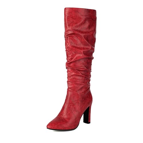 Diuniarza Mode Höhe Ferse Overknees Stiefel Damen Kniehohe Stiefel Mode Kleid Stiefeletten Riding Stiefeletten Rot Gr 37 EU/38 von Diuniarza