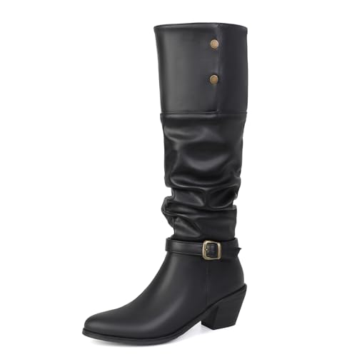 Diuniarza Mode Kniehohe Stiefel Damen Reitstiefel Blockabsatz Klassische Ohne Verschluss Chukka Stiefel Warm Overknees Stiefel Schwarz Gr 36.5 EU/37 von Diuniarza