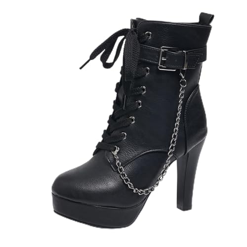 Diuniarza Motorradstiefel Damen Plateau Stiefeletten Runde Zehen Runde Zehen Biker Stiefeletten Schnüren Warm Stiefel Schwarz Gr 40.5 EU/42 von Diuniarza