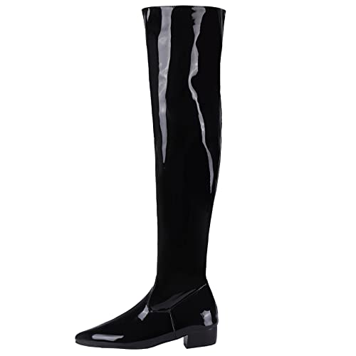 Diuniarza Niedrige Absatz Lack Candy Color Damen Stiefel Über Dem Knie Sweet Side Reißverschluss Blockabsatz Mode Pointed Toe Schwarz Gr 40 EU/41 Asiatisch von Diuniarza
