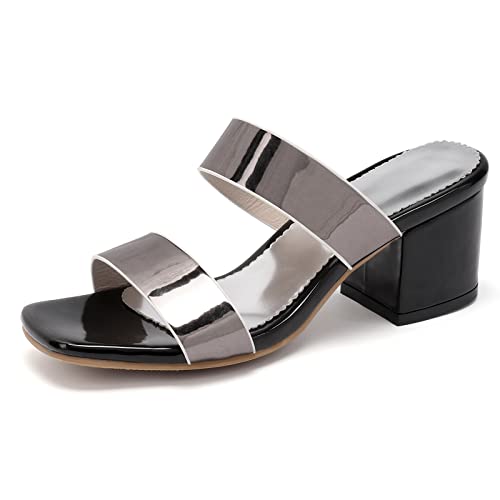 Diuniarza Offene Zeh Blockabsatz Pantoletten Für Damen Ohne Verschluss Pantoffeln Lack Two Strap Draußen Slingback Concise Mode Silber-Grau Gr 32 EU von Diuniarza