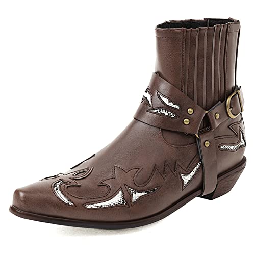Diuniarza Ohne Verschluss Chelsea Stiefel Damen Pointed Toe Oxford Stiefeletten Equestrian Stiefeletten Retro Print Cowboystiefel Braun Gr 40.5 EU/42 von Diuniarza