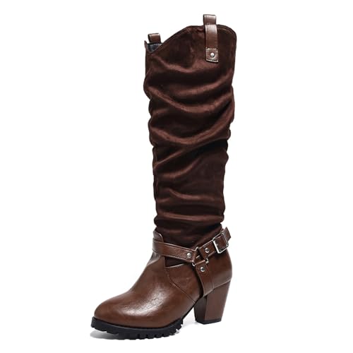 Diuniarza Ohne Verschluss Kniehohe Stiefel Damen Harness Slouch Boot Runde Zehen Long Stiefeletten Leisure Blockabsatz Braun Gr 44 EU/46 von Diuniarza