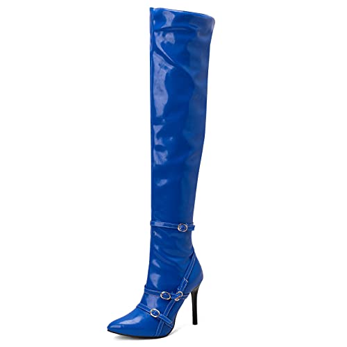 Diuniarza Overknee Stiefel Damen Stiletto Mode Winter Pointed Toe Lack Stiefel Über Dem Knie Mittelhohe Stiefel Zip Party Mode Prom Blau Gr 44 EU/46 Asiatisch von Diuniarza