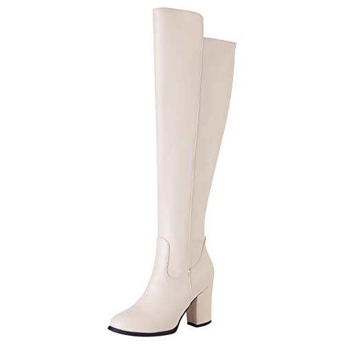 Diuniarza Overknee-Stiefel mit Blockabsatz Für Damen, Anzugstiefel Elegant Zip Overknees Stiefel Höhe Ferse Runde Zehen Thigh High Boots Classic Winter Riding Boots Beige Gr 40 EU von Diuniarza