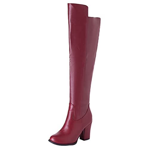 Diuniarza Overknee-Stiefel mit Blockabsatz Für Damen, Anzugstiefel Elegant Zip Overknees Stiefel Höhe Ferse Runde Zehen Thigh High Boots Classic Winter Riding Boots Rotwein Gr 50 EU von Diuniarza