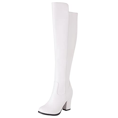 Diuniarza Overknee-Stiefel mit Blockabsatz Für Damen, Anzugstiefel Elegant Zip Overknees Stiefel Höhe Ferse Runde Zehen Thigh High Boots Classic Winter Riding Boots Weiß Gr 54 EU von Diuniarza