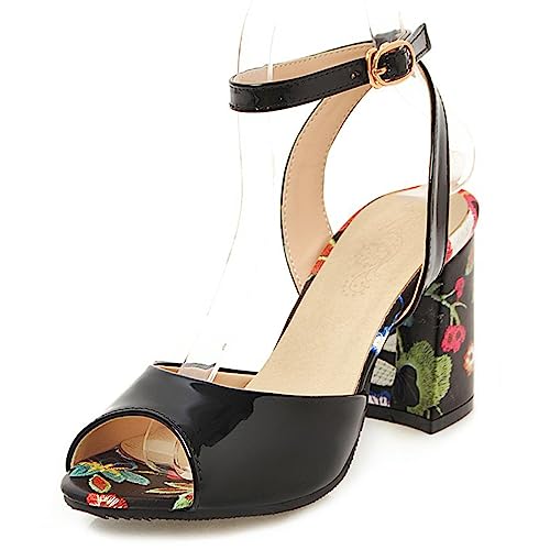 Diuniarza Peep Toe Chunky Heel Knöchelriemchen Damensandalen Blockabsatz Slingback Lack Mode Sommer Abendschuhe Schwarz Gr 32 EU von Diuniarza