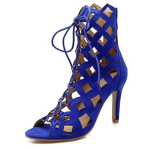 Diuniarza Peep Toe Stiletto Gladiator Damensandalen Boots Ösen Retro Schnüren Reißverschluss Strappy Stylish Wildleder Blau Gr 36 EU von Diuniarza