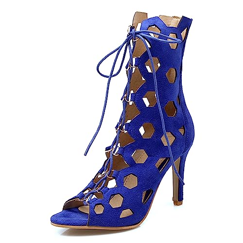 Diuniarza Peep Toe Stiletto Gladiator Damensandalen Boots Ösen Retro Schnüren Reißverschluss Strappy Stylish Wildleder Blau Gr 36.5 EU/37 Asiatisch von Diuniarza