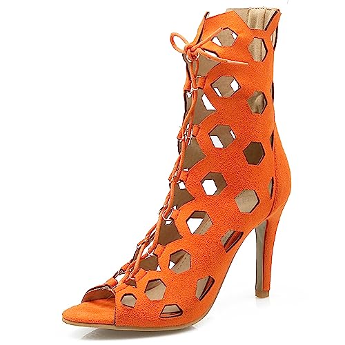 Diuniarza Peep Toe Stiletto Gladiator Damensandalen Boots Ösen Retro Schnüren Reißverschluss Strappy Stylish Wildleder Orange Gr 40 EU/41 Asiatisch von Diuniarza