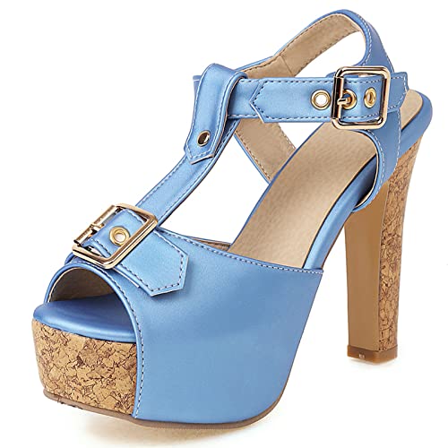 Diuniarza Plateau Höhe Ferse Peep Toe Damensandalen T-Spange Offene Zeh Schnalle Party Hochzeit Elegant Stylish Blau Gr 42 EU/44 Asiatisch von Diuniarza