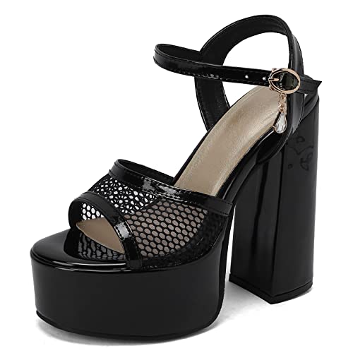Diuniarza Plateau Höhe Ferse Peep Toe Knöchelriemchen Damensandalen Chunky Heel Bogen Slingback Lack Sommer Abendschuhe Schwarz Gr 34 EU von Diuniarza