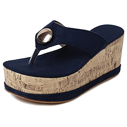 Diuniarza Plateau Mules Pantoffeln Damen High Keilabsatzs Sandals Flip Flops Out Door Strand Sommer Ohne Verschluss Blau Gr 37 EU/38 Asiatisch von Diuniarza