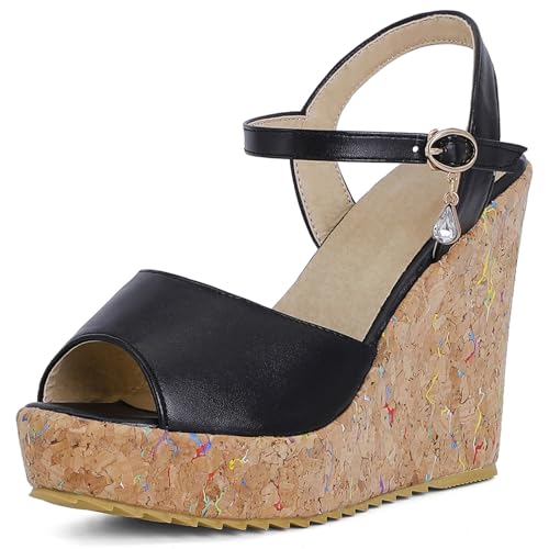 Diuniarza Plateau Sandals Damen Peep Toe Keilabsatzs Elegant Sommer Party Bride High Sandalen Schwarz Gr 34 EU von Diuniarza