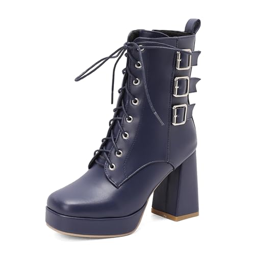 Diuniarza Plateau Schnürstiefel Damen Biker Stiefeletten Elegant Motorradstiefel Mode Schnalle Square Toe Block Mittelhohe Stiefel Blau Gr 40 EU/41 von Diuniarza