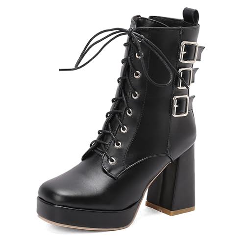 Diuniarza Plateau Schnürstiefel Damen Biker Stiefeletten Elegant Motorradstiefel Mode Schnalle Square Toe Block Mittelhohe Stiefel Schwarz Gr 36.5 EU/37 von Diuniarza