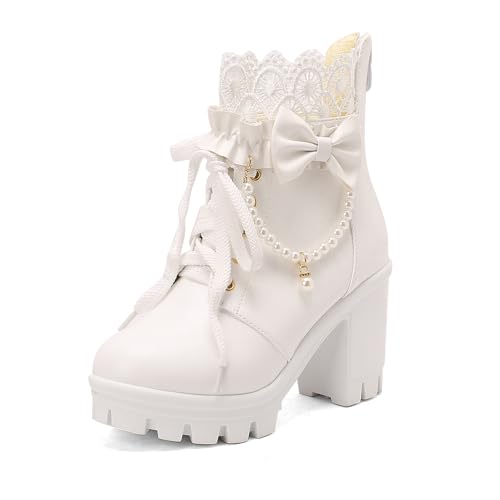 Diuniarza Plateau Stiefel Damen Party Stiefeletten Schnüren Sweet Lovely Party Prom Stiefeletten Weiß Gr 31 EU von Diuniarza