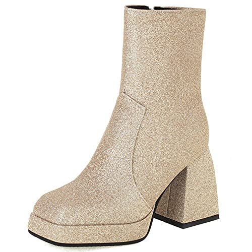 Diuniarza Plateau Stiefeletten Damen Fahsion Block Stiefel Square Toe Mode Chunky Stiefel Weit Fit Zip Elegant Stiefel Gold Gr 39 EU/40 Asiatisch von Diuniarza