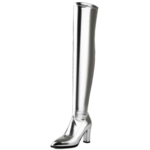 Diuniarza Pointed Toe Overknee Stiefel Zip Mode Mittelhohe Stiefel Party Draußen Elegant Block Stiefel Long Stiefeletten Silber Gr 42 EU/44 Asiatisch von Diuniarza