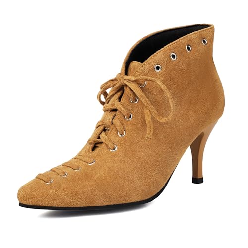 Diuniarza Pointed Toe Stiefeletten Damen Schnüren Stilettos Elegant Prom Abendschuhe Wildleder Braun Gr 35 EU von Diuniarza