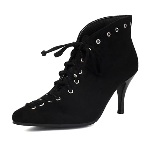 Diuniarza Pointed Toe Stiefeletten Damen Schnüren Stilettos Elegant Prom Abendschuhe Wildleder Schwarz Gr 37 EU/38 von Diuniarza