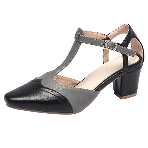 Diuniarza Pointed Toe T-Spange Blockabsatz Retro Damen Pumps Sommer Sandales Concise Pump Klassische Abendschuhe Grau Gr 33 EU von Diuniarza