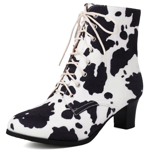 Diuniarza Print Stiefeletten Damen Wildleder Schnüren Blockabsatz Round Stiefel Motorradstiefel Wildleder Leopard Schuhe Schwarz Gr 45 EU/47 von Diuniarza