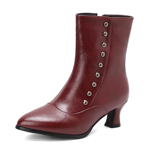 Diuniarza Reißverschluss Kitten Stiefeletten Damen Retro Kurzschaft Stiefel Mid Block Stiefel Buro ReißverschlussRotwein Gr 46 EU/48 von Diuniarza