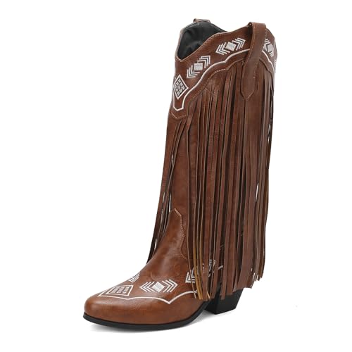 Diuniarza Retro Fransen Stiefel Damen Western Cowboystiefel Ohne Verschluss Quasten Blockabsatz Retro Draußen Stiefel Knee High Braun Gr 34 EU von Diuniarza