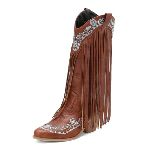 Diuniarza Retro Fransen Stiefel Damen Western Cowboystiefel Ohne Verschluss Quasten Blockabsatz Retro Draußen Stiefel Knee High Braun Gr 40.5 EU/42 von Diuniarza