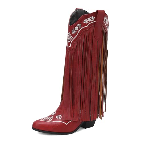 Diuniarza Retro Fransen Stiefel Damen Western Cowboystiefel Ohne Verschluss Quasten Blockabsatz Retro Draußen Stiefel Knee High Rot Gr 36.5 EU/37 von Diuniarza