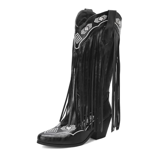 Diuniarza Retro Fransen Stiefel Damen Western Cowboystiefel Ohne Verschluss Quasten Blockabsatz Retro Draußen Stiefel Knee High Schwarz Gr 36.5 EU/37 von Diuniarza