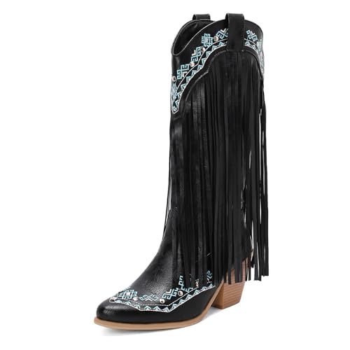 Diuniarza Retro Fransen Stiefel Damen Western Cowboystiefel Ohne Verschluss Quasten Blockabsatz Retro Draußen Stiefel Knee High Schwarz Gr 36.5 EU/37 Diuniarza Retro Fransen Stiefel Damen Western Cowboystiefel Ohne Verschluss Quasten Blockabsatz Retro Draußen Stiefel Knee High Schwarz Gr 36.5 EU/37 von Diuniarza