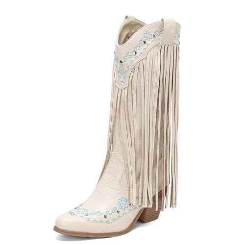 Diuniarza Retro Fransen Stiefel Damen Western Cowboystiefel Ohne Verschluss Quasten Blockabsatz Retro Draußen Stiefel Knee High Weiß Gr 36.5 EU/37 von Diuniarza