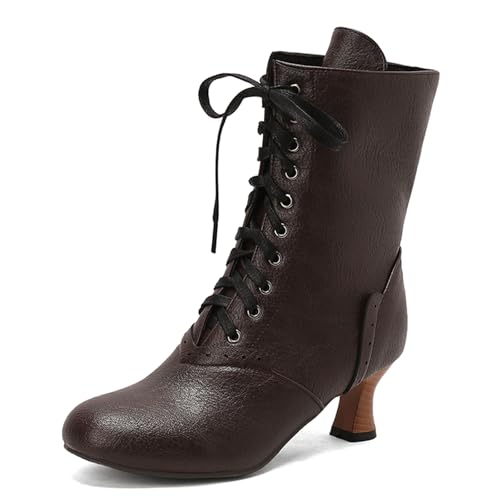 Diuniarza Runde Zehen Kitten Stiefel Damen Schnüren Stiefeletten Ankle Stiefeletten Leisure Buro Mid Stiefel Braun Gr 36.5 EU/37 von Diuniarza