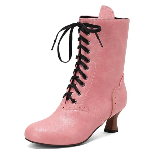 Diuniarza Runde Zehen Kitten Stiefel Damen Schnüren Stiefeletten Ankle Stiefeletten Leisure Buro Mid Stiefel Pink Gr 35 EU von Diuniarza