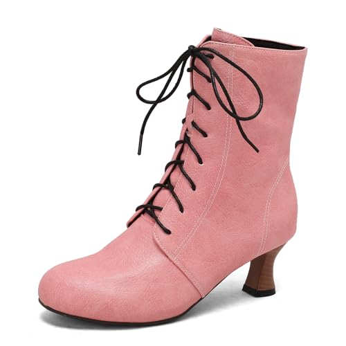 Diuniarza Runde Zehen Kitten Stiefel Damen Schnüren Stiefeletten Ankle Stiefeletten Leisure Buro Mid Stiefel Pink Gr 42 EU/44 von Diuniarza