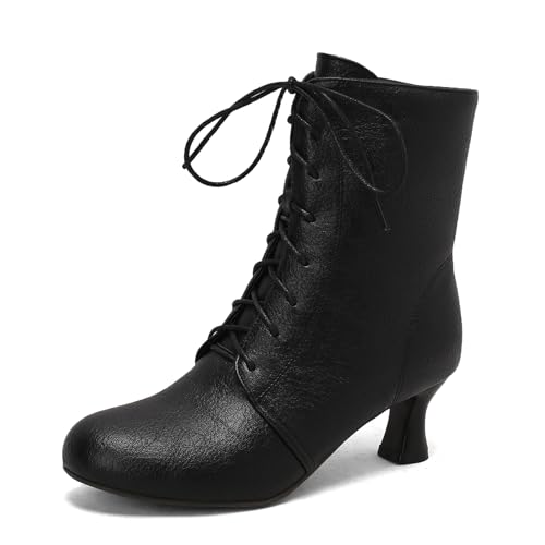 Diuniarza Runde Zehen Kitten Stiefel Damen Schnüren Stiefeletten Ankle Stiefeletten Leisure Buro Mid Stiefel Schwarz Gr 34 EU von Diuniarza